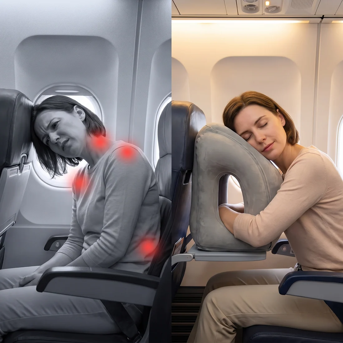 Before and after using the travel pillow on a plane